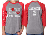 Football Mom Shirt | Glitter Love Football Shirt | 3/4 Sleeve Raglan | Customize Team & Colors