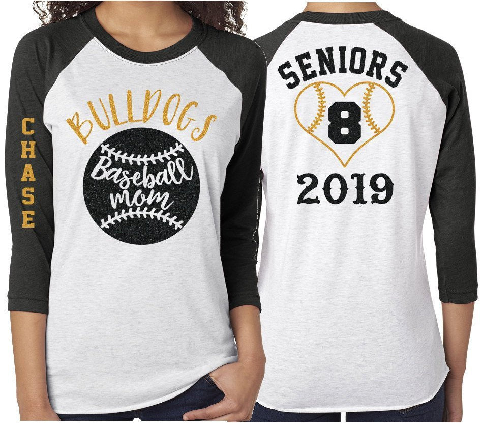 Senior Mom Glitter 3/4 Sleeve Baseball T-Shirt Raglan 3X