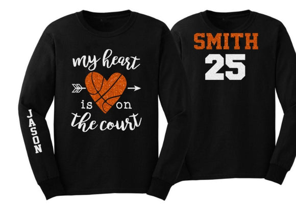 Glitter Basketball Mom Shirt | My Heart is on the Court Basketball Shirt | Basketball Long Sleeve Shirt | Customize Team & Colors