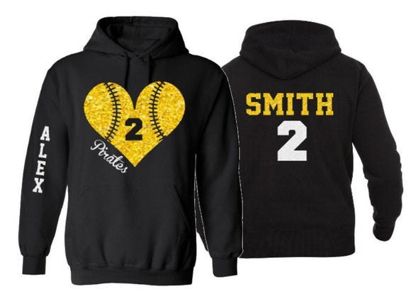 Glitter Baseball Hoodie | Baseball Heart Hoodie | Baseball Hoodies | Customize with your Team & Colors | Adult or Youth Sizes