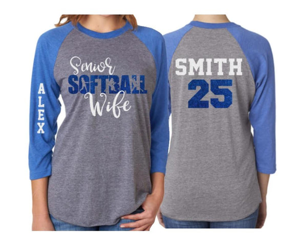 Glitter Senior Softball Wife Shirt | Softball Shirt | 3/4 Sleeve Shirt | Customize Colors