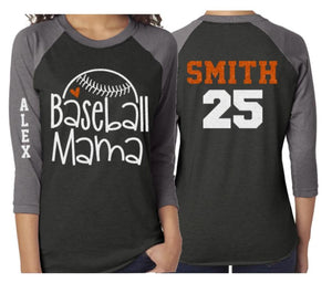 Glitter Baseball Mama Shirt | Glitter Baseball Mom 3/4 Sleeve Raglan Shirt | Customize Team & Colors