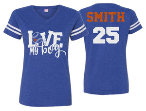 Glitter Baseball Shirt | Love My Boy | Vneck Short Sleeve Shirt | Baseball or Softball Shirt | Customize colors | Youth or Adult