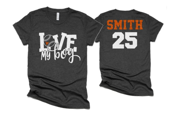 Glitter Love My Boy Baseball Shirt |Baseball Spirit wear | Baseball shirt | Bella Canvas Tshirt | Customize Your Colors