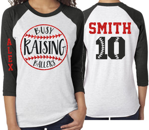 Glitter Busy Raising Ballers | Baseball Mom Shirt | 3/4 Sleeve Raglan Shirt | Customize Team & Colors