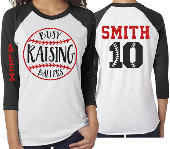 Glitter Busy Raising Ballers | Baseball Mom Shirt | 3/4 Sleeve Raglan Shirt | Customize Team & Colors