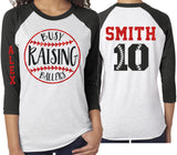 Glitter Busy Raising Ballers | Baseball Mom Shirt | 3/4 Sleeve Raglan Shirt | Customize Team & Colors
