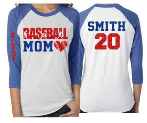 Glitter Baseball Shirt | Baseball Mom Heart | 3/4 Sleeve Raglan |Customize Your Team & Colors