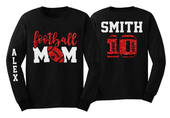 Football Mom Shirt | Glitter Football  Long Sleeve Shirt | Football Bling | Football Spirit Wear | Customize Colors