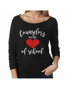Counselors are the Heart of School 3/4 Sleeve Shirt | Terry Raw Edge Raglan | Counselor Shirt