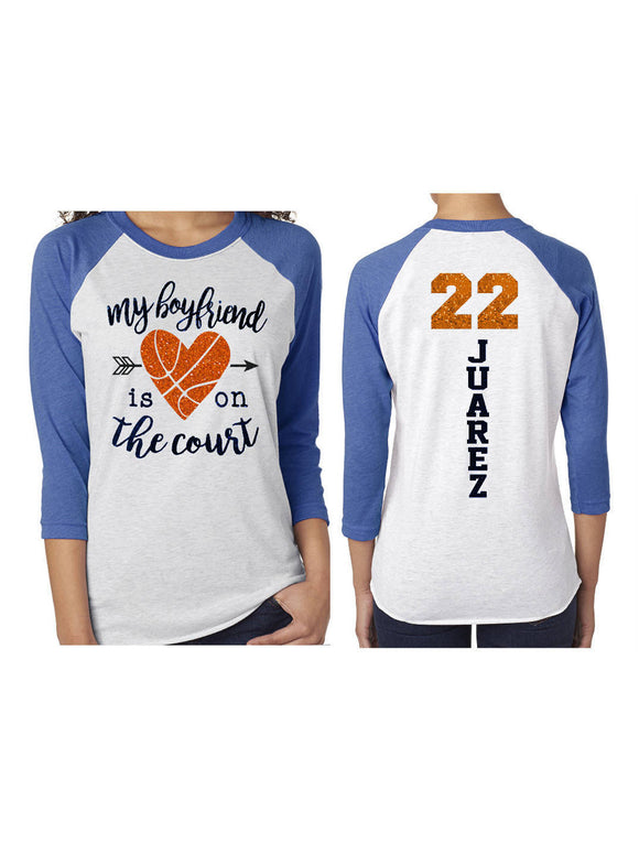 Glitter Basketball Shirt | My Boyfriends is on the Court | Customize Colors | 3/4 Sleeve Raglan Basketball  Shirt