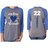 Glitter Basketball Mom Shirt | My Heart is on the Court | 3/4 Sleeve Baseball Raglan Basketball Shirt | Grandma, Stepmom, Sister, Aunt