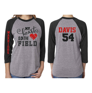 Glitter Baseball Mom Shirt | My Heart is on that field Shirt | 3/4 Sleeve Baseball Shirt | Baseball Mom Shirt | Customized