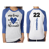 Glitter Basketball Mom Shirt | My Heart is on the Court | 3/4 Sleeve Baseball Raglan Basketball Shirt | Grandma, Stepmom, Sister, Aunt