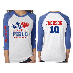 Glitter Baseball Mom Shirt | 3/4 Sleeve Raglan Shirt | My Heart is on that Field | Customized Baseball Mom Shirt
