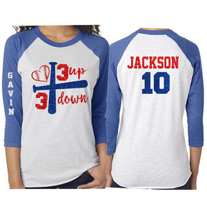 Baseball Mom Shirt | Glitter 3 up 3 down Baseball Shirt | 3/4 Sleeve Shirt | Customize Team & Colors