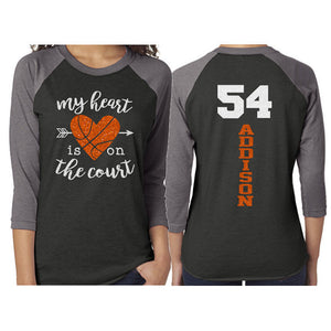 Glitter Basketball Mom Shirt | My Heart is on the Court | 3/4 Sleeve Baseball Raglan Basketball Shirt | Grandma, Stepmom, Sister, Aunt