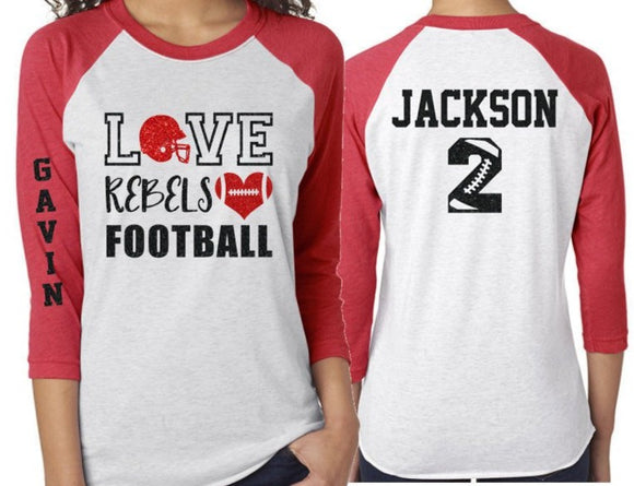 Football Mom Shirt | Glitter Love Football Shirt | 3/4 Sleeve Raglan | Customize Team & Colors
