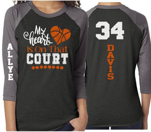 Glitter Basketball Mom Shirt | My Heart is on the Court | 3/4 Sleeve Basketball Shirt | Grandma, Stepmom, Sister, Aunt