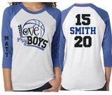 Glitter Basketball Mom Shirt | Love My Boys | Customized 3/4 Sleeve Raglan | Two Name & Two Numbers