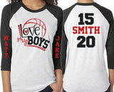 Glitter Basketball Mom Shirt | Love My Boys | Customized 3/4 Sleeve Raglan | Two Name & Two Numbers