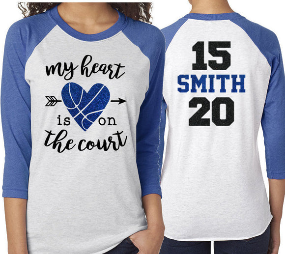Glitter Basketball Mom Shirt | My Heart is on the Court | 3/4 Sleeve Raglan Basketball Shirt | Two Numbers & Two Names