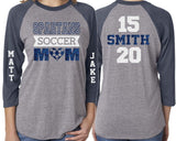 Glitter Soccer Mom Shirt | Soccer Shirt | 3/4 Sleeve Raglan | Customize Colors | Two Names Two Numbers