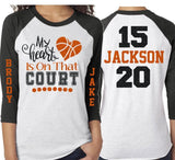 Glitter Basketball Shirt | My Heart is that Court | Two Numbers | Two Players| Customized 3/4 Sleeve Raglan