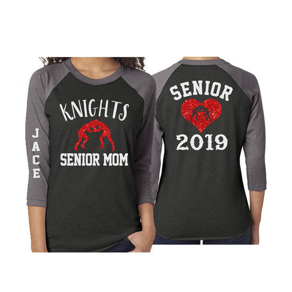 Glitter Senior Wrestling Shirt | Senior Wrestling Mom Baseball Shirt | 3/4 Sleeve Raglan | Customize with your Team & Colors