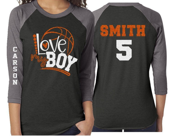 Glitter Basketball Mom Shirt | Love My Boy | Customized 3/4 Sleeve Raglan | Basketball Shirt Grandma, Aunt, Stepmom