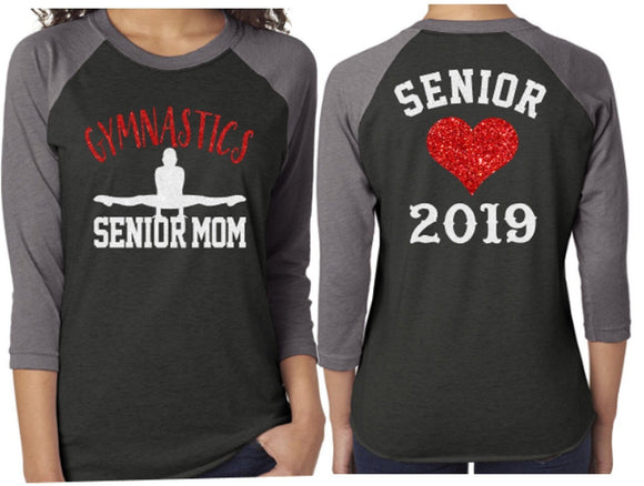 Glitter Gymnastics Senior Mom Shirt | Gymnastics Shirt|3/4 Sleeve Raglan | Customize with your Colors