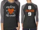 Glitter Basketball Mom Shirt | My Heart is on the Court | 3/4 Sleeve Raglan Basketball Shirt | Two Numbers & Two Names