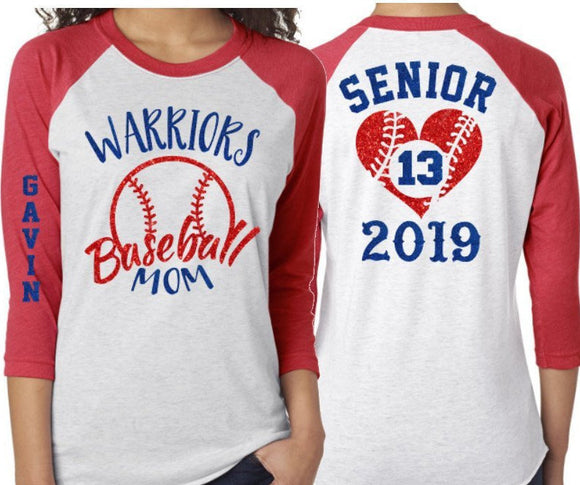 Glitter Senior Baseball Shirt | Senior Mom, Grandma, Sister, Stepmom | Customized Baseball Shirt