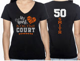 Glitter Basketball Mom Shirt | My Heart is on that Court | V-neck Short Sleeve Shirt | Customized Name & Colors