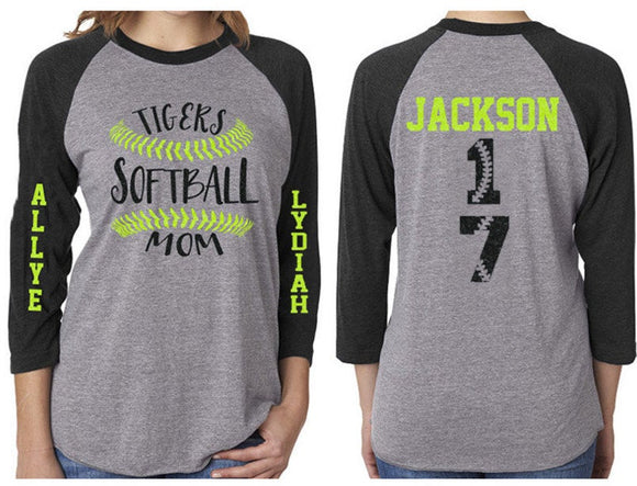 Glitter Softball Mom Two Numbers Two Names 3/4 Sleeve Shirt|Customized Softball Mom Shirt