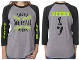 Glitter Softball Mom Two Numbers Two Names 3/4 Sleeve Shirt|Customized Softball Mom Shirt