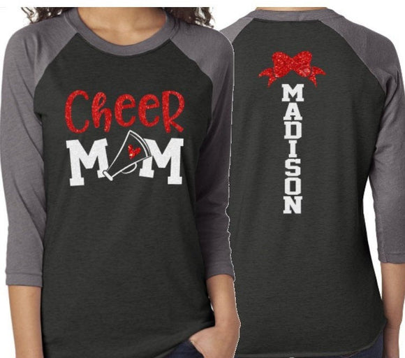 Glitter Cheer Mom Shirt | Cheer Shirt | 3/4 Sleeve Raglan | Cheer Bling | Cheer Spirit Wear | Customize Colors