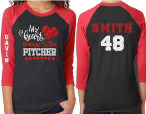 Glitter Baseball Mom Shirt | 3/4 Sleeve Raglan Shirt|My Heart belongs to the Pitcher|Customize Name & Colors
