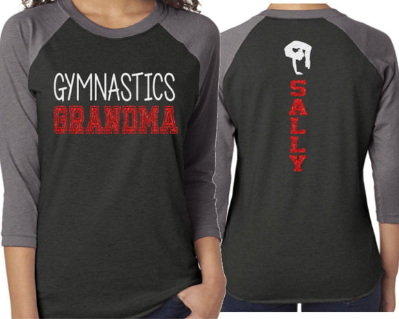 Glitter Gymnastics Grandma Shirt | Gymnastics Shirt|3/4 Sleeve Raglan | Customize with your Colors