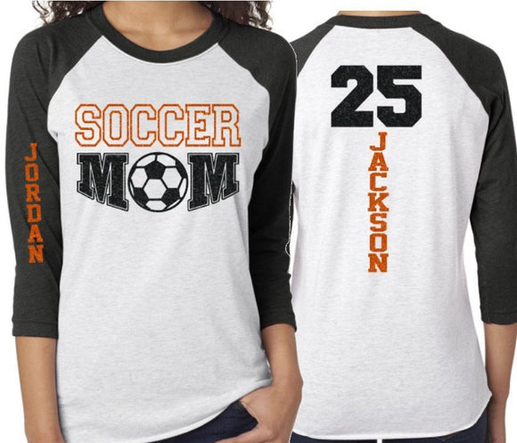 Glitter Soccer Mom Shirt | Soccer Shirt | Customized 3/4 Sleeve Raglan | Customize Colors