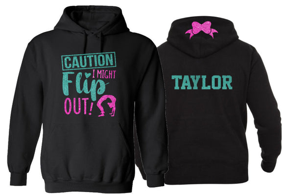 Glitter Cheer Hoodie | Caution I Might Flip Out Hoodie | Customize with your Team & Colors | Youth or Adult