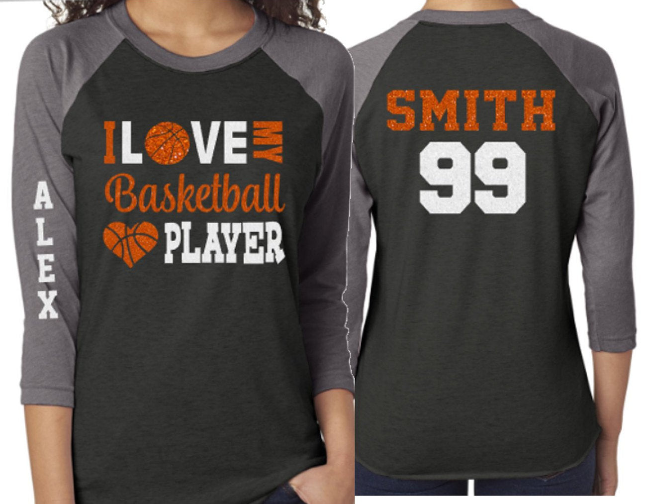 Glitter Basketball Heart Shirt | Basketball Tshirts | Basketball Mom Shirts  | Basketball Bling | 3/4 Sleeve Raglan | Customize Colors