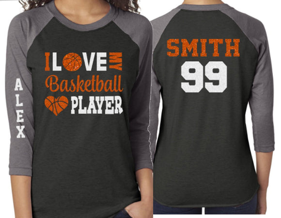 Glitter Basketball Mom Shirt | I Love My Basketball Player Shirt | Customized 3/4 Sleeve Raglan
