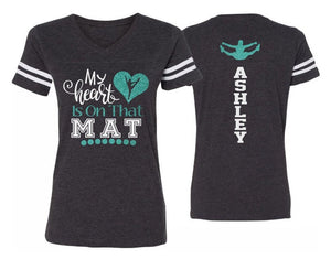 Glitter Cheer Shirt | My Heart is on that Mat V-neck Short Sleeve Shirt | Customized Cheer Mom Shirt