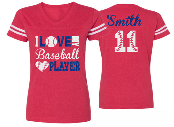Glitter Baseball Shirt | I  Love My Baseball Player Baseball Shirt | V-neck Short Sleeve Shirt