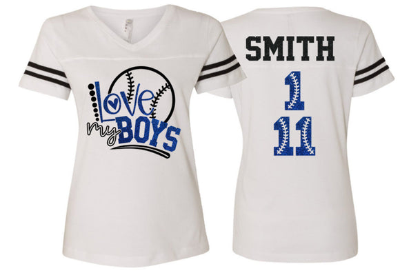 Glitter Baseball Shirt | Love My Boys | Two Numbers | V-neck Short Sleeve Shirt