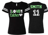 Glitter Softball Mom | I Love My Catcher | V-neck Short Sleeve Shirt