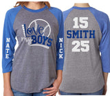 Glitter Baseball Mom | Love My Boys | Two Numbers Two Names | 3/4 Sleeve Shirt