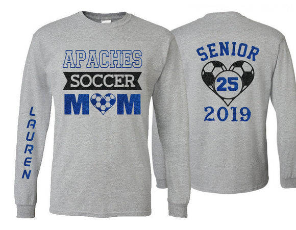 Glitter Soccer Senior Mom Shirt | Soccer Long Sleeve Shirt | Customize your team & colors