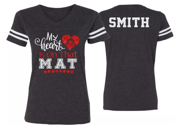 Glitter My Heart is on the Mat | Wrestling Short Sleeve Vneck Shirt  | Customize